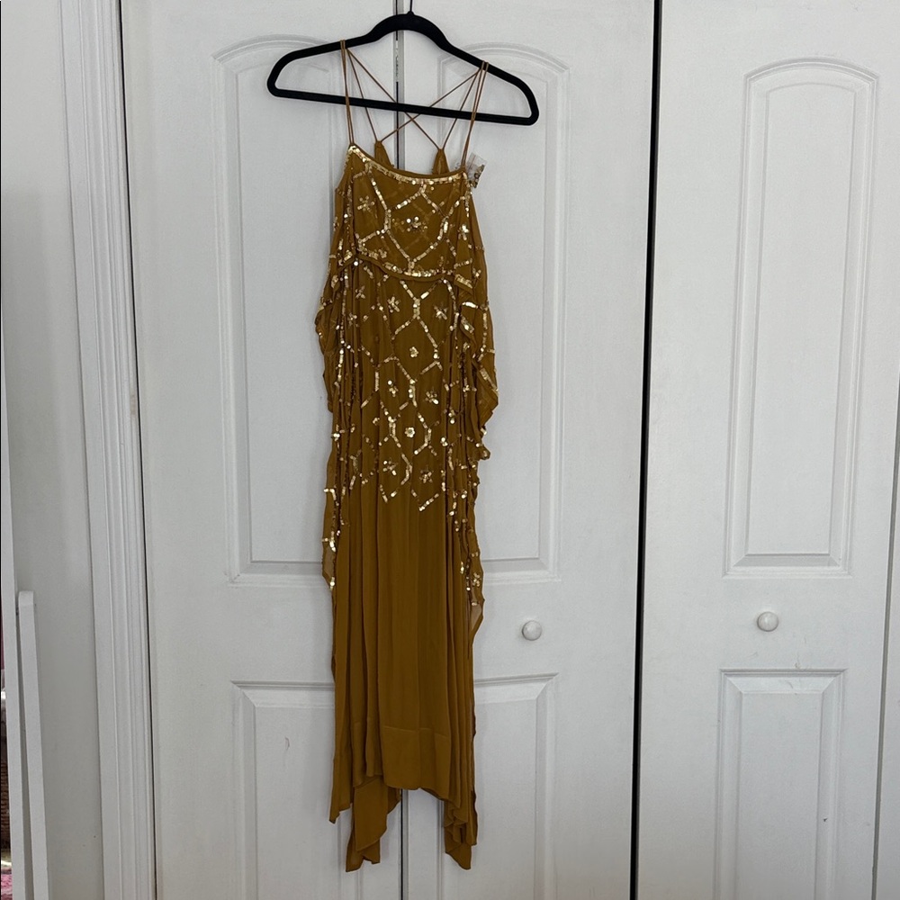 Free People Mustard Yellow Beaded Asymmetrical Slip Dress